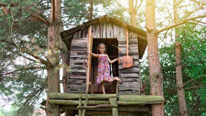 Mały drewniany domek dla dzieci – domek w ogrodzie na drzewie i na pniu